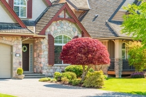 Front view of a stone house with red-leaf ornamental tree in the yard and shutters on the windows.